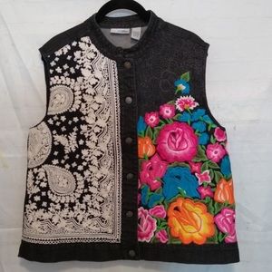Chico’s Platinum Black Denim Vest sz 2 Embroidered